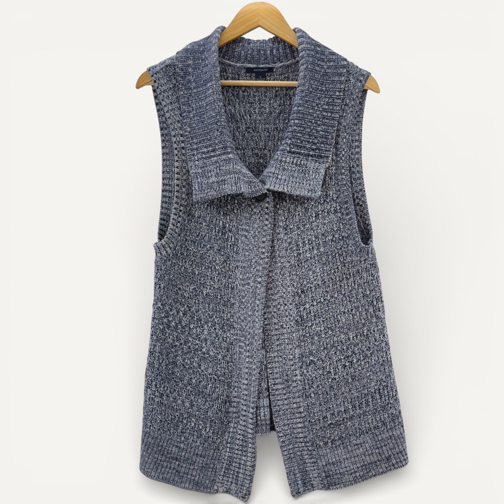 Westbound L Blue Marled Knit Cardigan Sweater Vest Cotton Casual Coastal Grandma